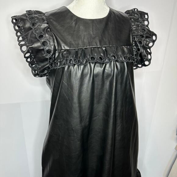 Stellah NWT $168 Small Black Faux Leather Goth Punk Alt Eyelet Babydoll Dress - Picture 7 of 14